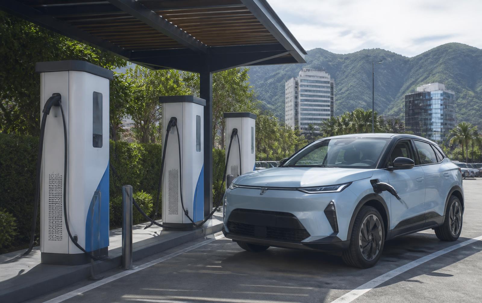 Vehículo eléctrico conectado a una electrolinera en un entorno urbano